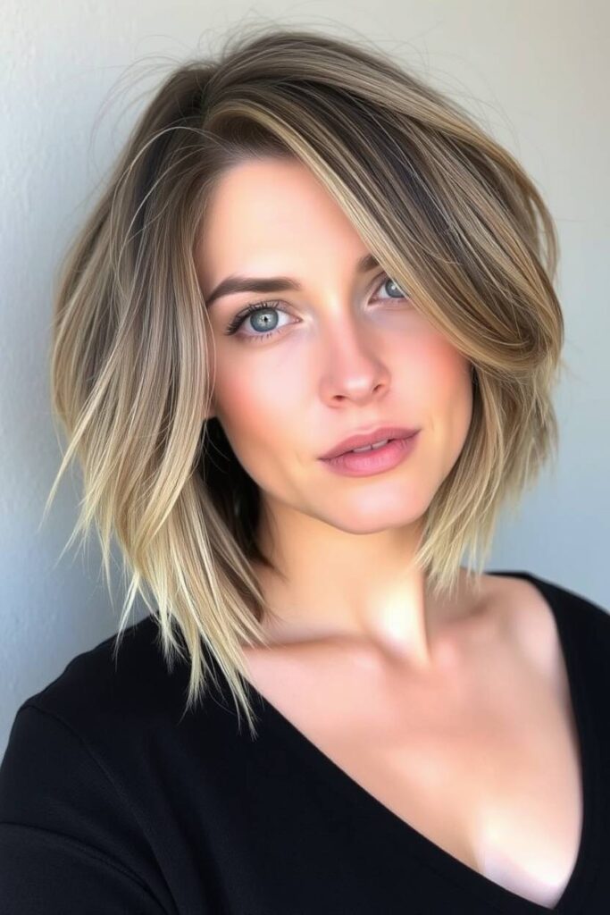 Shaggy Ash Brown Balayage Bob