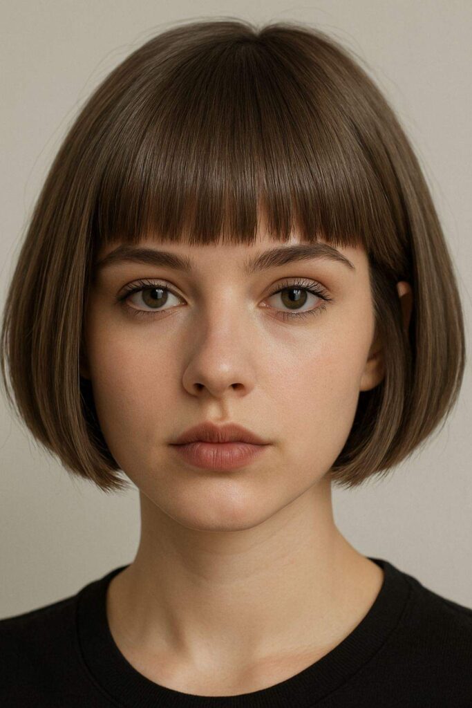 Short Ash Brown Bob with Blunt Bangs