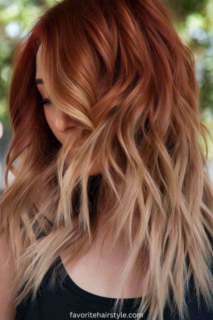 Shoulder-Length Wavy Lob with Blonde and Red Streaks