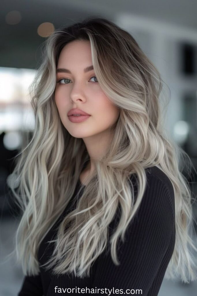 Soft Ash Blonde Balayage on Long Layers