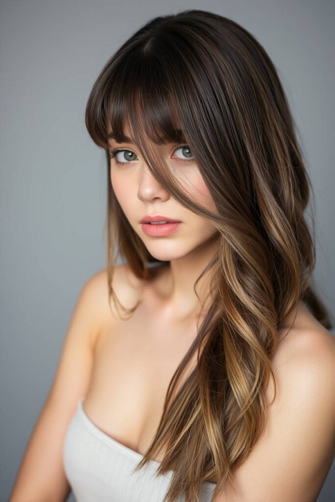 Soft Ash Brown Balayage with Wispy Curtain Bangs