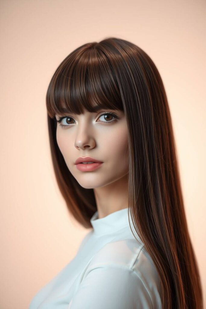 Straight Ash Brown Hair with Sleek Bangs
