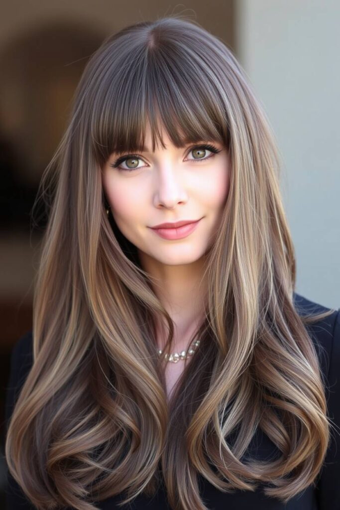 Subtle Ash Brown Balayage with Long Curtain Bangs