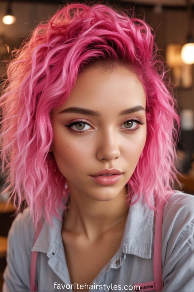 Textured Pink Wolf Cut with Natural Curls
