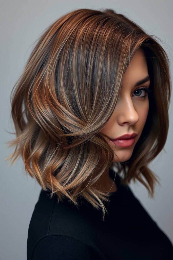 Wavy Ash Brown Lob with Side-Swept Bangs