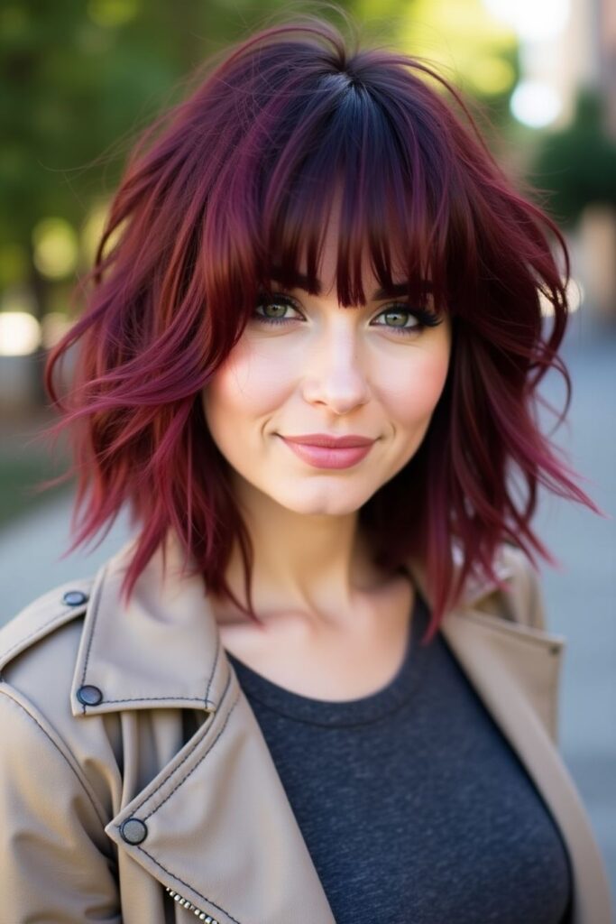 Burgundy Shag with Bangs