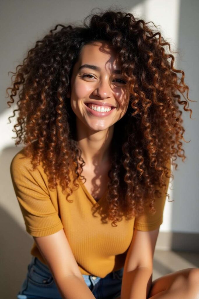 Caramel Highlights on Dark Brown Curls
