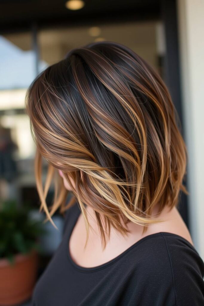 Caramel Highlights on Short Dark Brown Hair