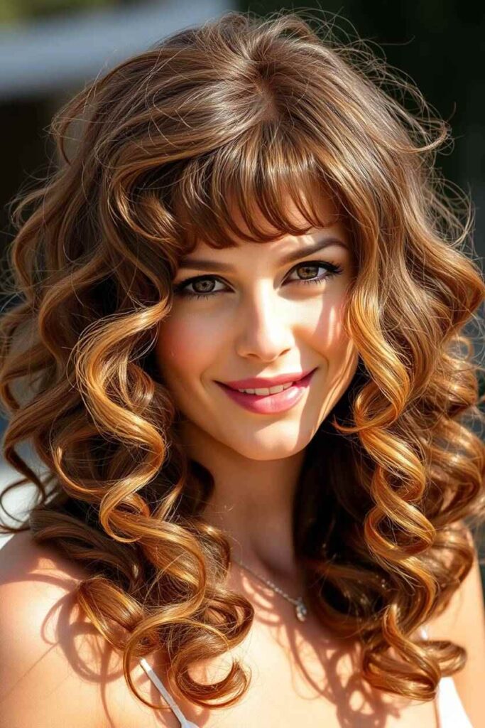 Caramel Highlights with Curly Bangs