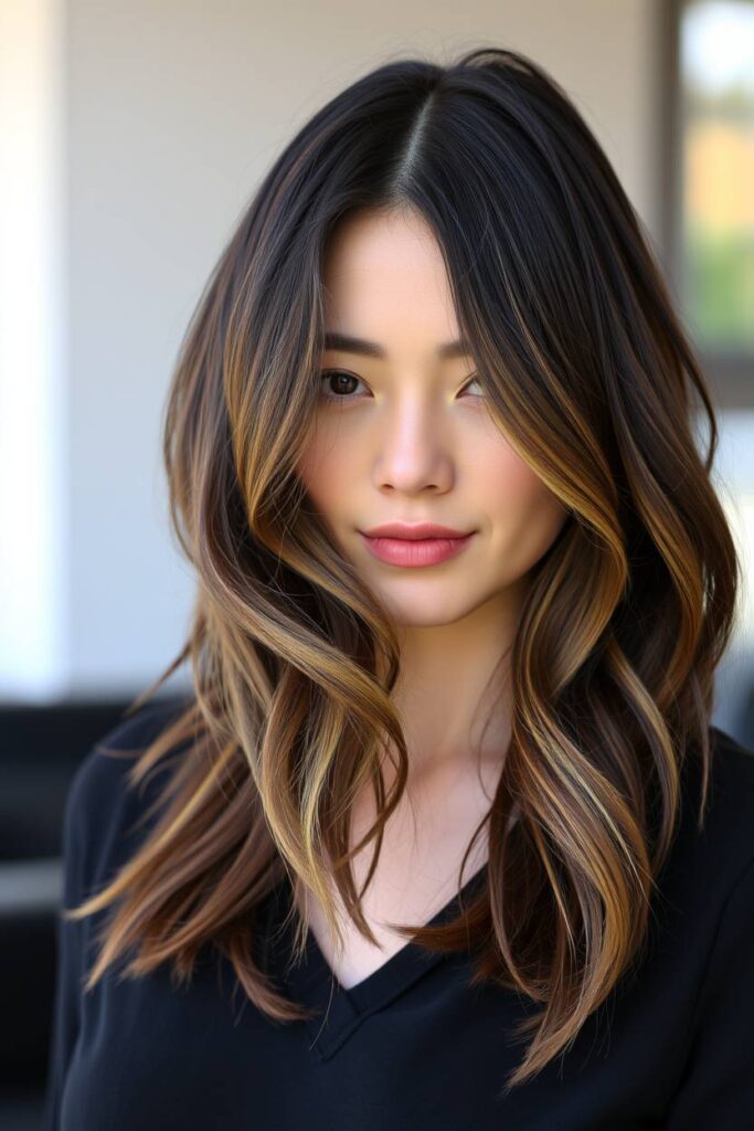 Caramel Money Pieces on Dark Hair