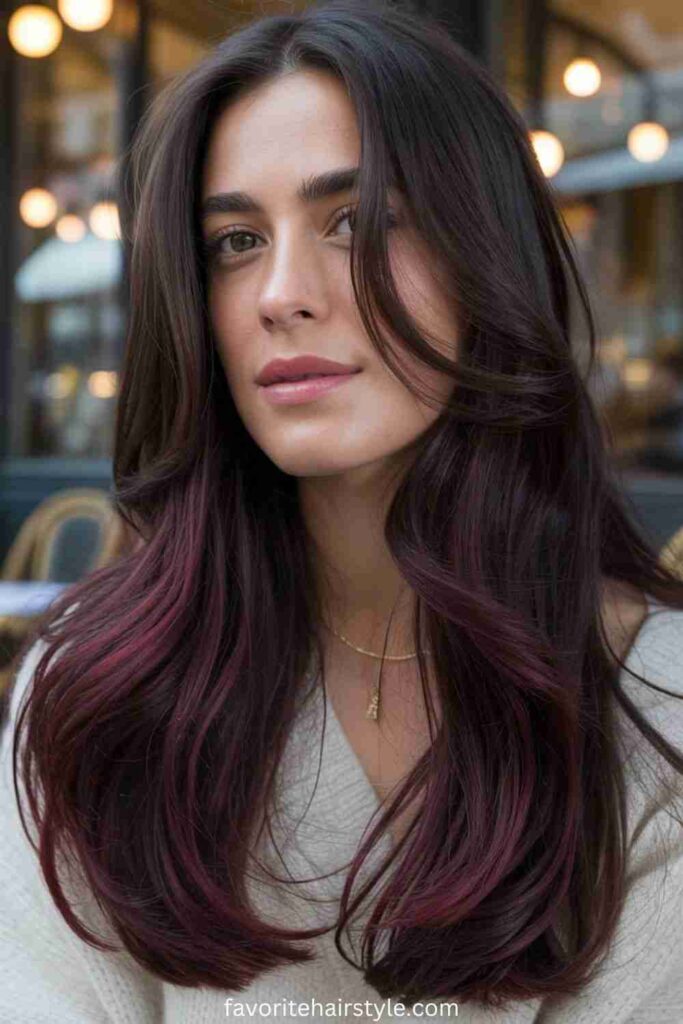 Cherry Burgundy Highlights on Light Brown Hair
