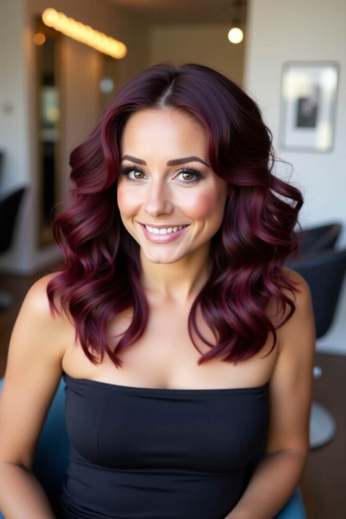 Curled Burgundy Lob (Long Bob)