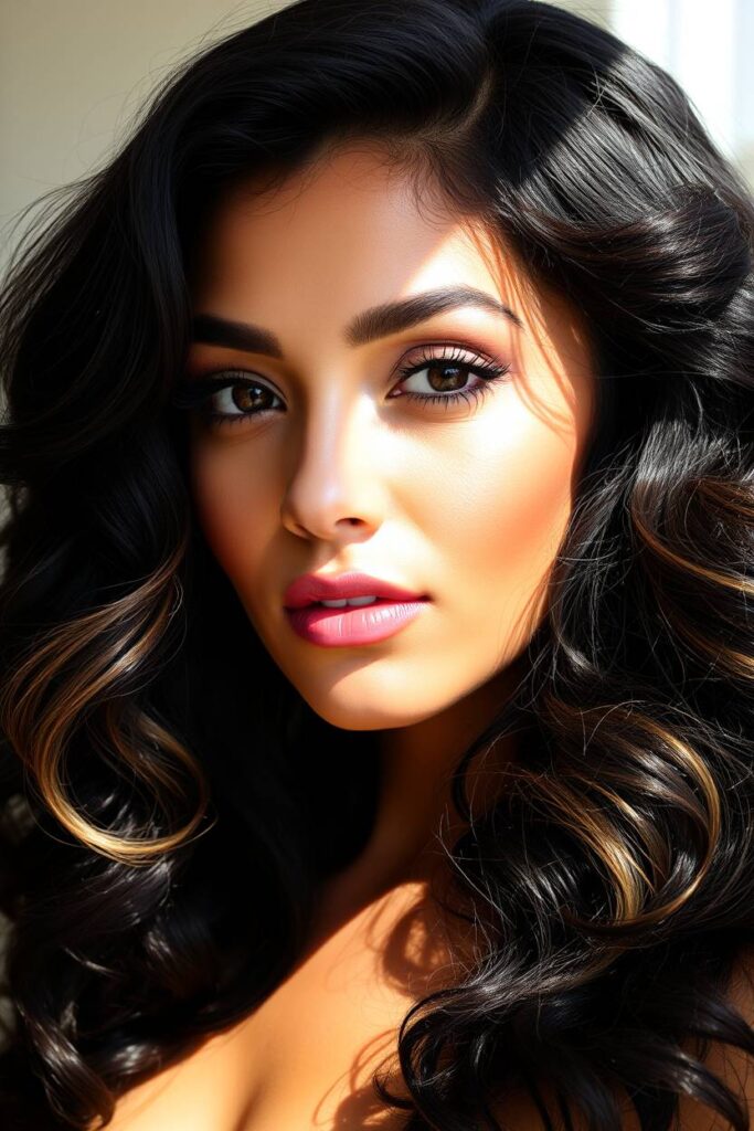 Curly Black Hair with Caramel Highlights