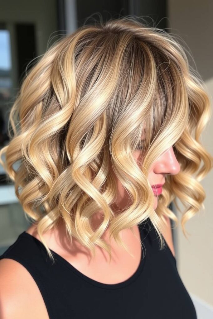 Curly Bob with Beige Blonde Balayage