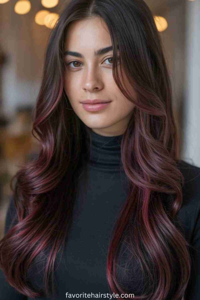 Deep Burgundy Highlights on Dark Brown Hair