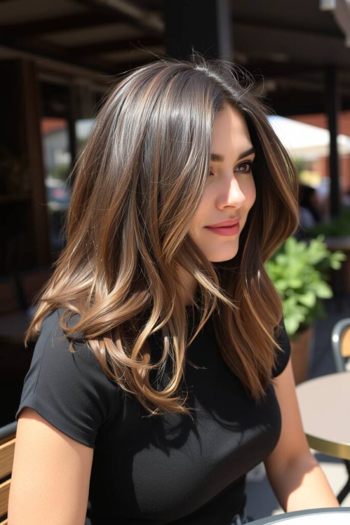 Deep Caramel Streaks on Shoulder-Length Layers