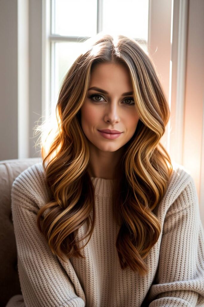 Face-Framing Caramel Highlights on Wavy Layers