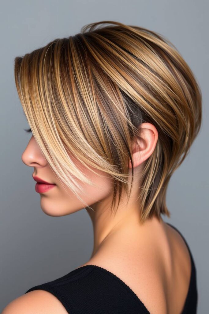Golden Caramel Highlights on Asymmetrical Cut