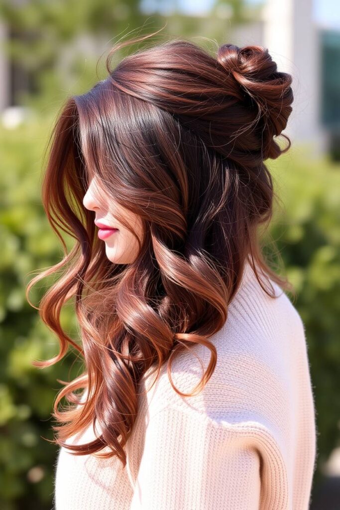 Half-Up Bun with Burgundy Length