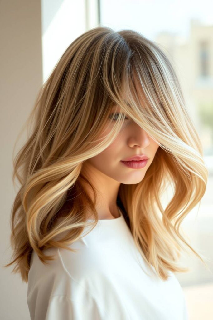 Layered Cut Highlighting Beige Blonde and Roots