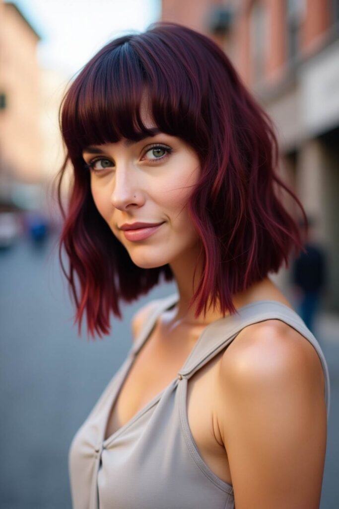 Medium Burgundy Bob with Bangs
