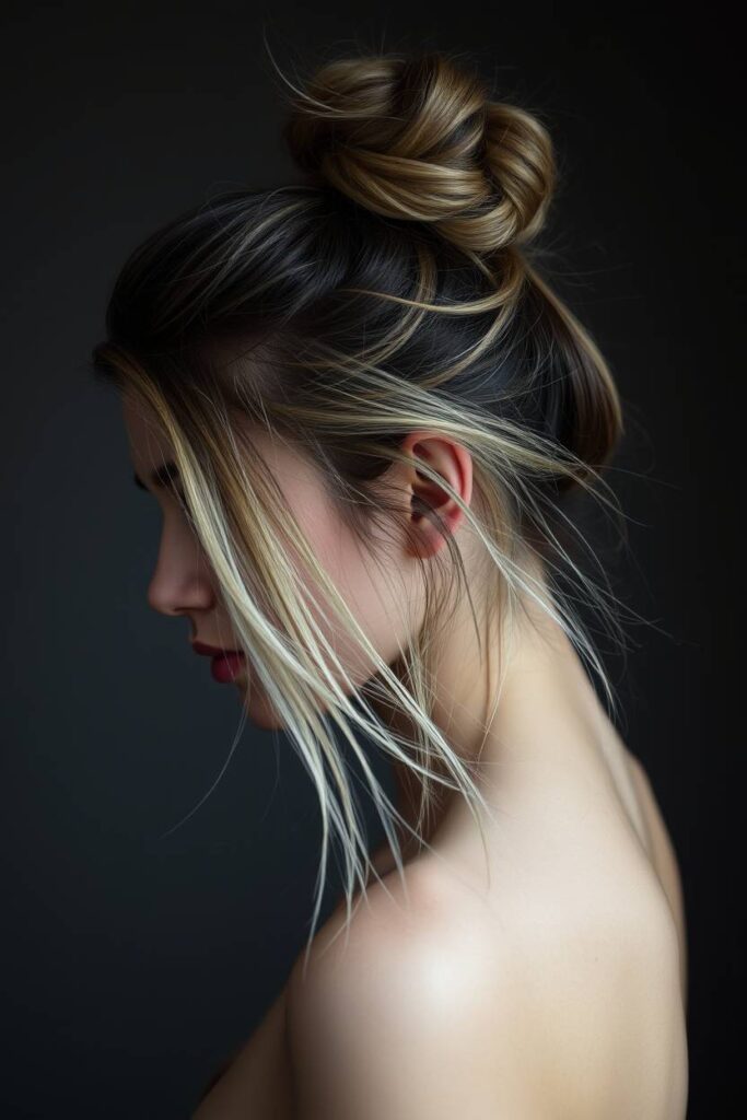 Messy Bun Showing Dark Roots and Beige Blonde