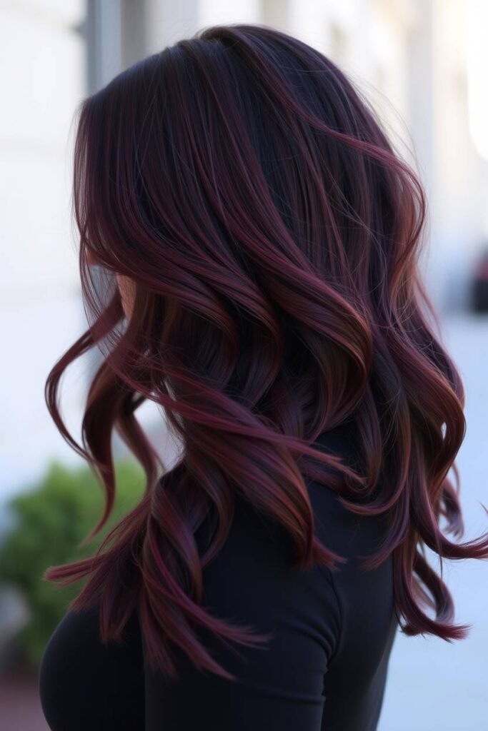 Soft Plum Streaks on Burgundy Hair