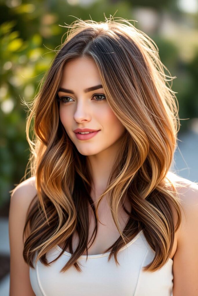 Warm Caramel Highlights with Side-Swept Layers