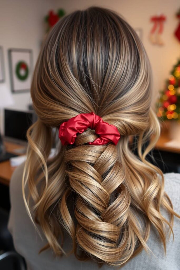 Braided Low Ponytail with Festive Scrunchie