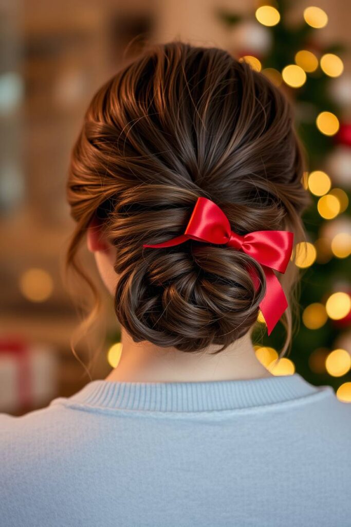 Half-Up Curly Bun with Bow
