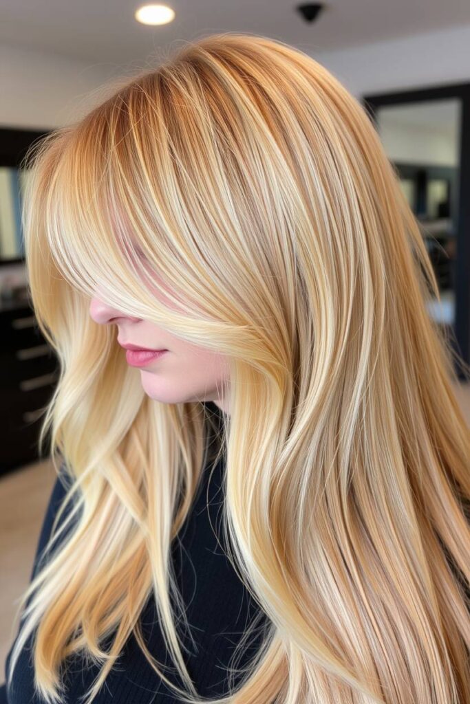 Long Butter Blonde with Curtain Bangs