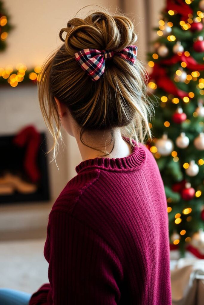 Messy Bun with Christmas Bow Clip