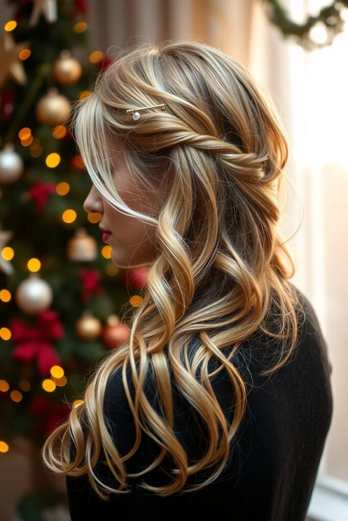 Side-Swept Curls with Holiday Pins