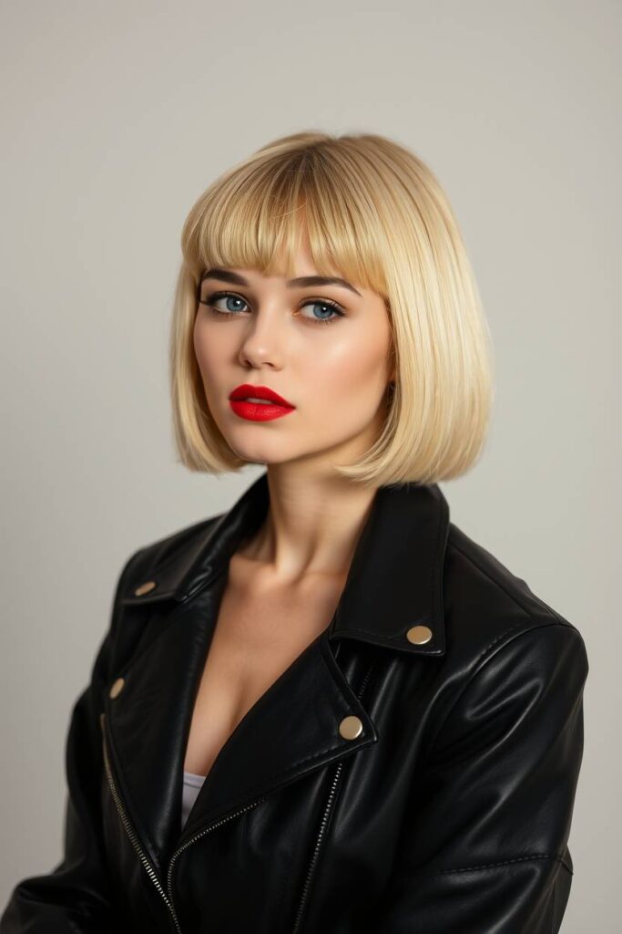 Sleek Butter Blonde Bob with Blunt Bangs