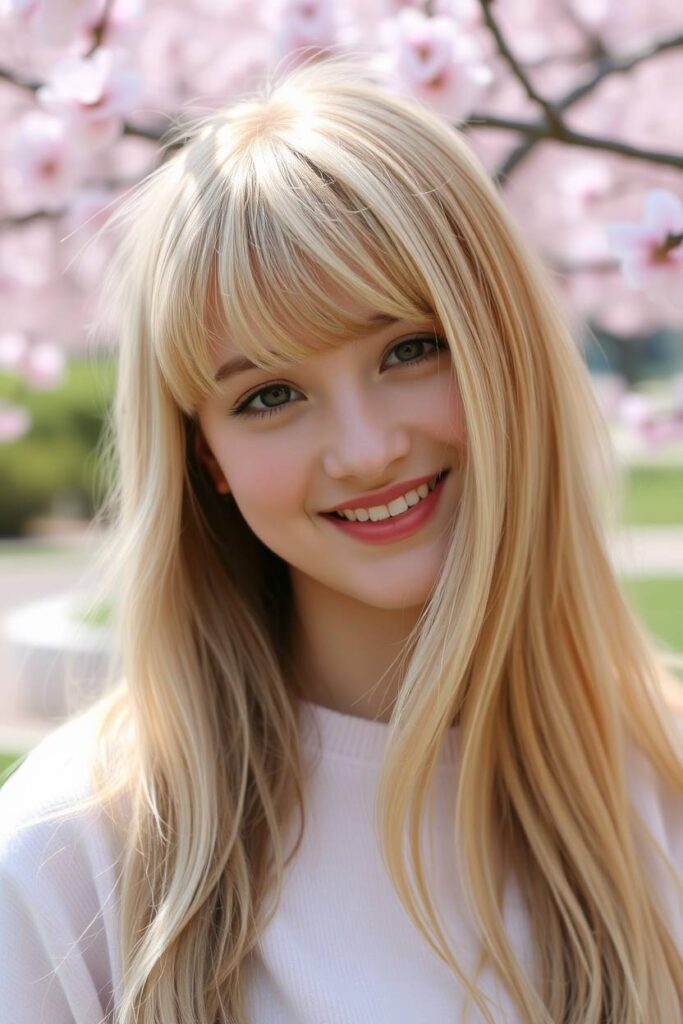 Soft Layered Butter Blonde with Curtain Bangs