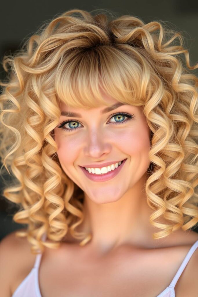 Voluminous Curls with Full Fringe